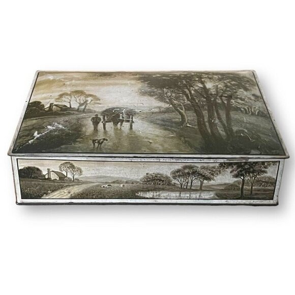 Vintage 1920s Uneeda Biscuit Tin NBC Nabisco Crackers Hinged Large Pastoral Farm - Picture 2 of 16